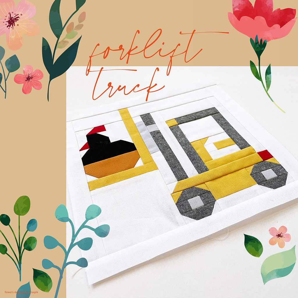 Vehicle Quilt Block Gabelstapler mit Henne mit digitalen Blumen verziert