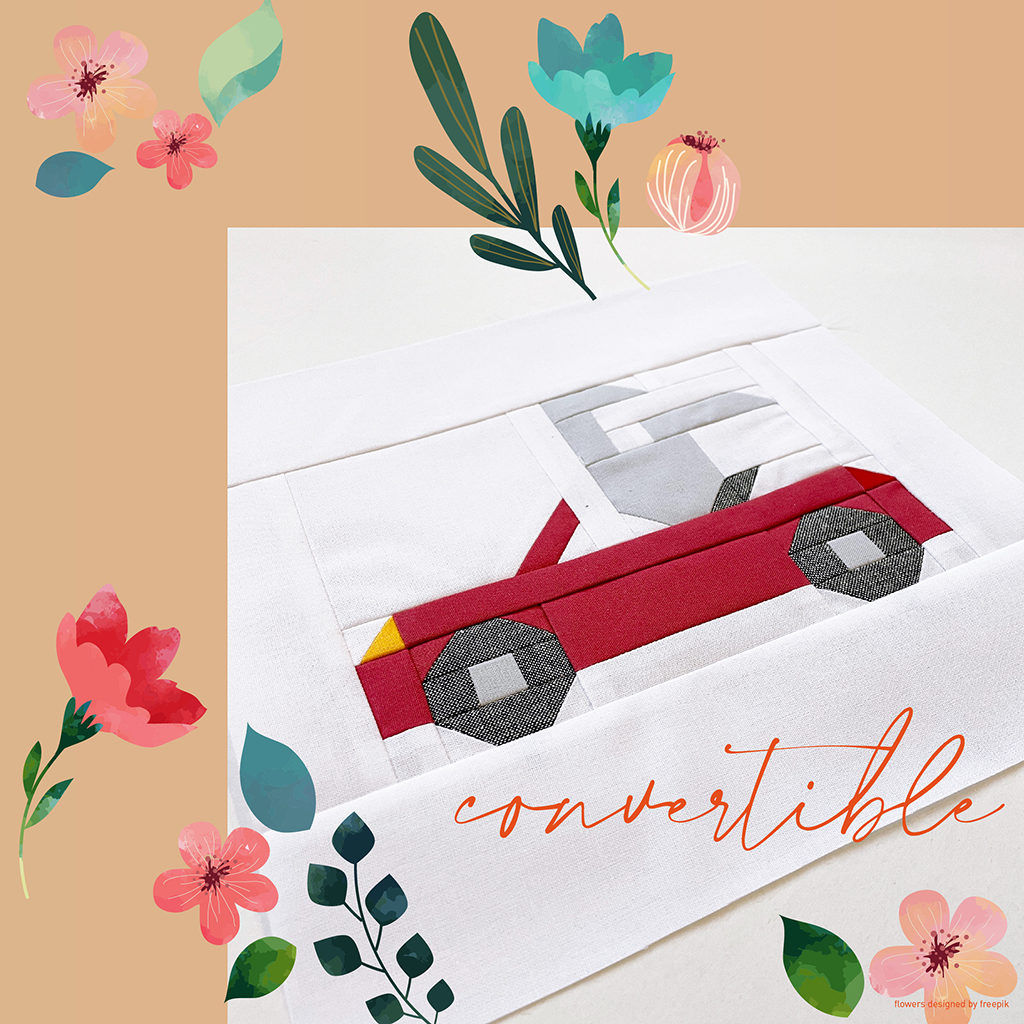 Vehicle Quilt Block Häschen im Cabrio mit digitalen Blumen verziert