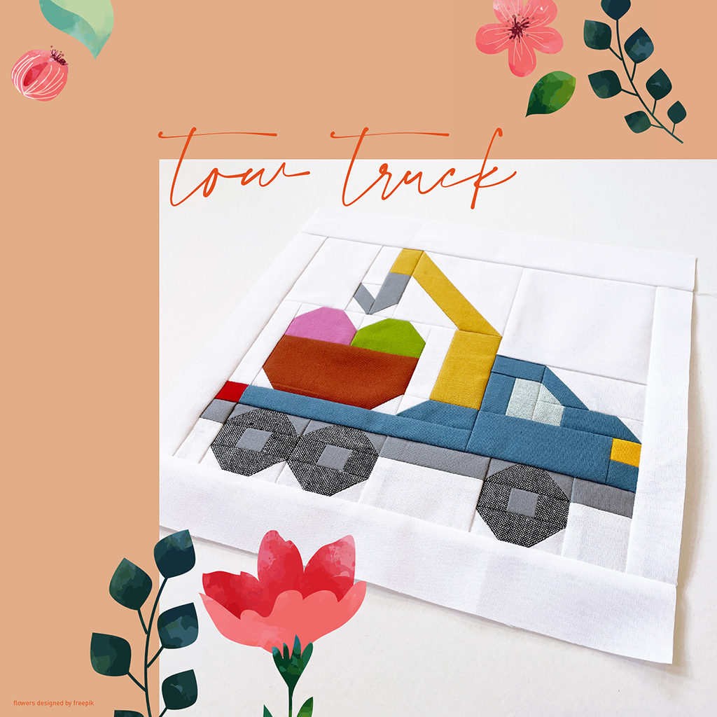 Vehicle Quilt Block Abschleppwagen mit digitalen Blumen verziert