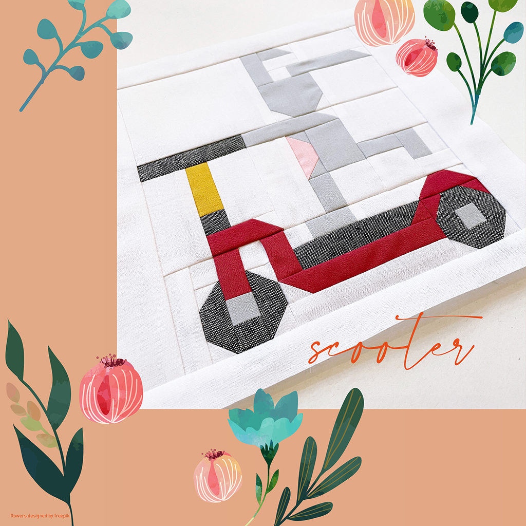 Vehicle Quilt Block Häschen auf Roller mit digitalen Blumen verziert