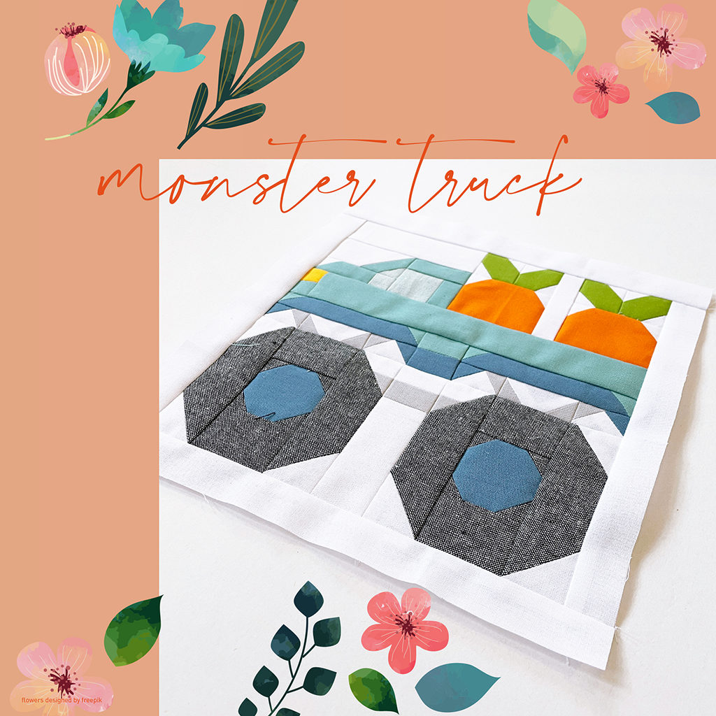 Vehicle Quilt Block Monster Truck mit Karotten mit digitalen Blumen verziert