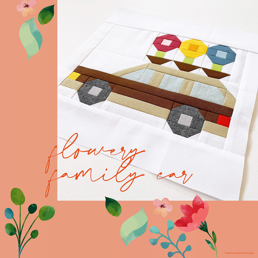 Vehicle Quilt Block Blumige Familienkutsche mit digitalen Blumen verziert