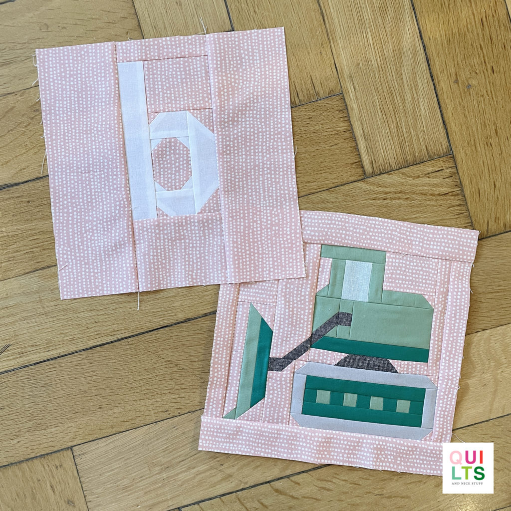 Letter-Vehicle Quilt letter block b und vehicle block bulldozer liegt auf Parkett 